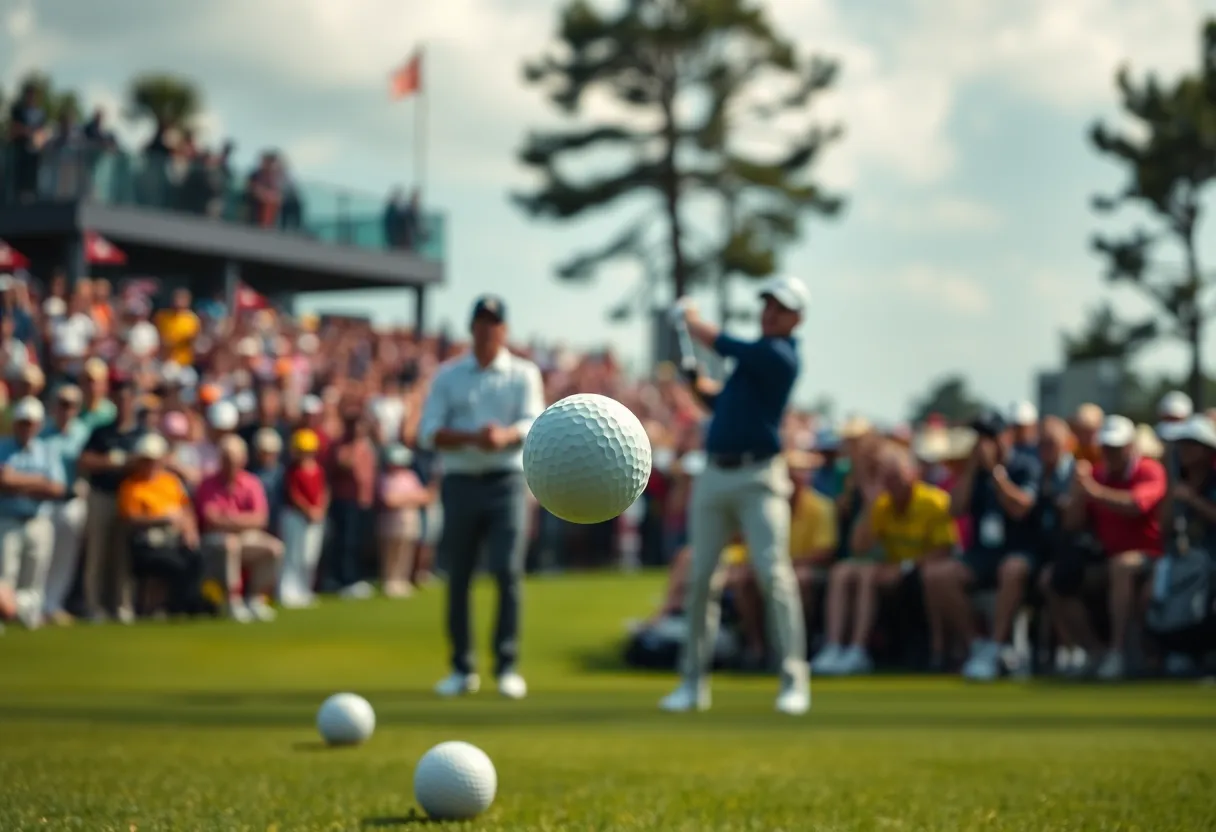Players in action during a golf tournament showcasing beautiful swings and crowd excitement.