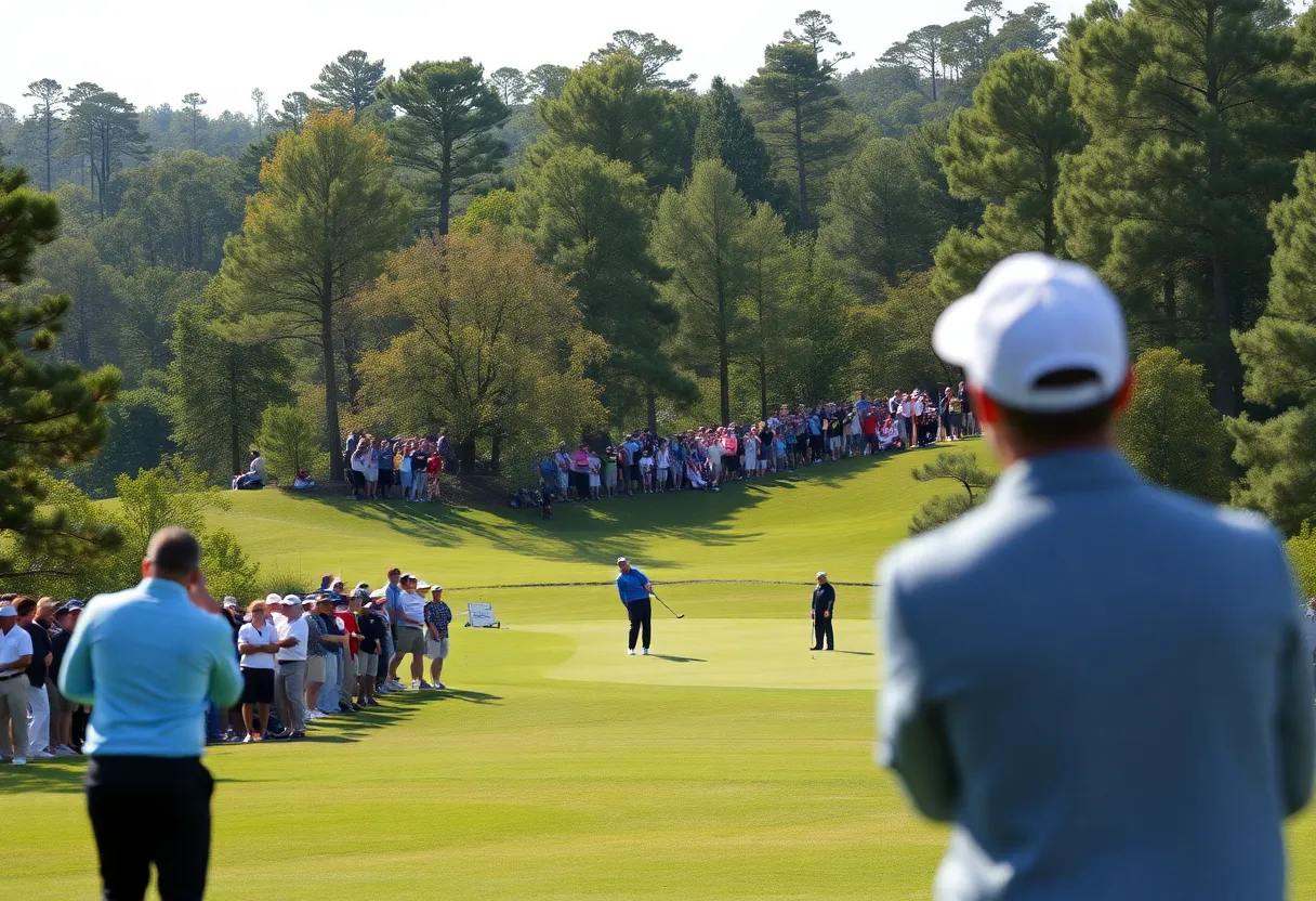 Golf players in action at a tournament.