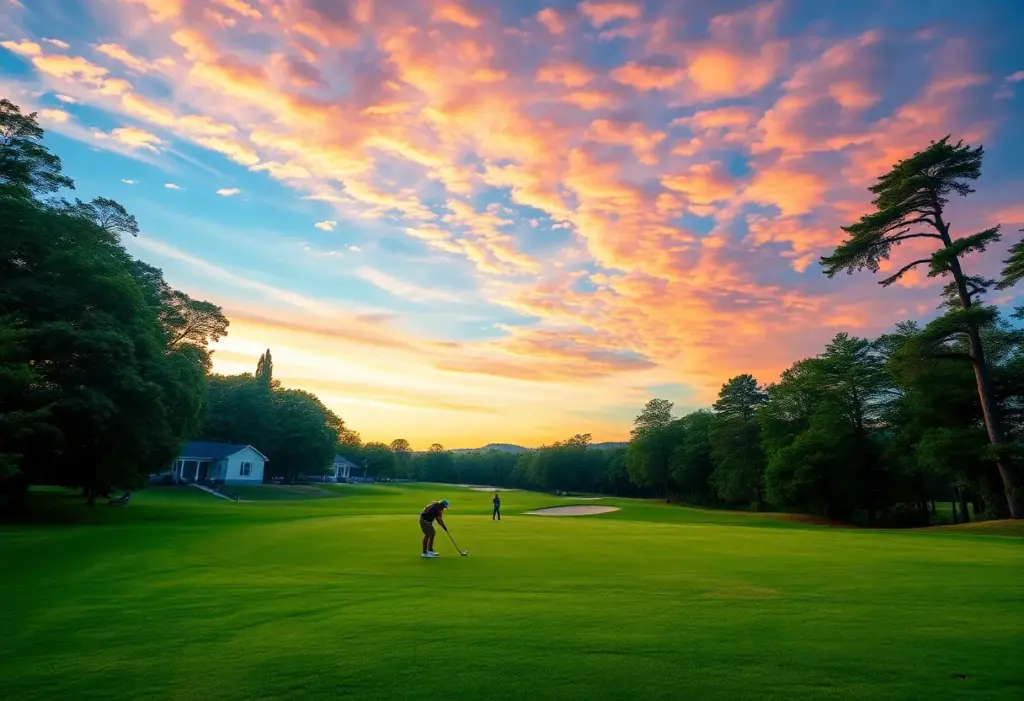 Golfers competing in a tournament on a beautiful golf course.
