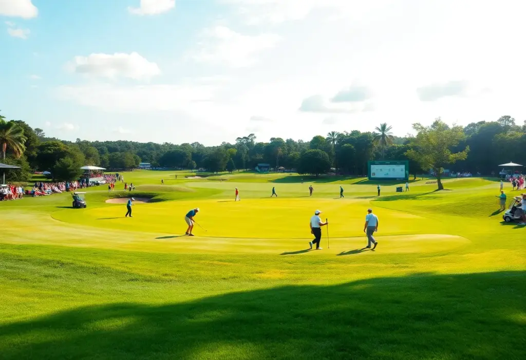 Golf tournament scene with players on a lush green course