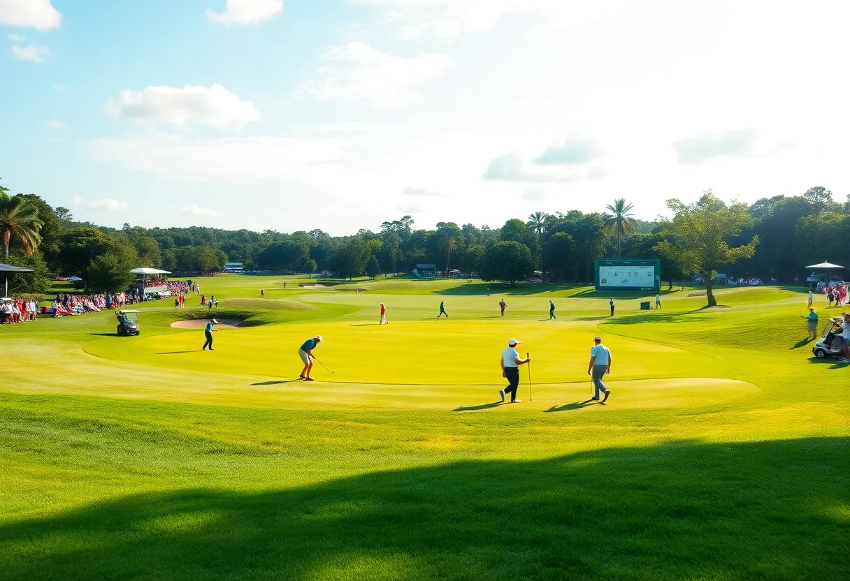 Golf tournament scene with players on a lush green course