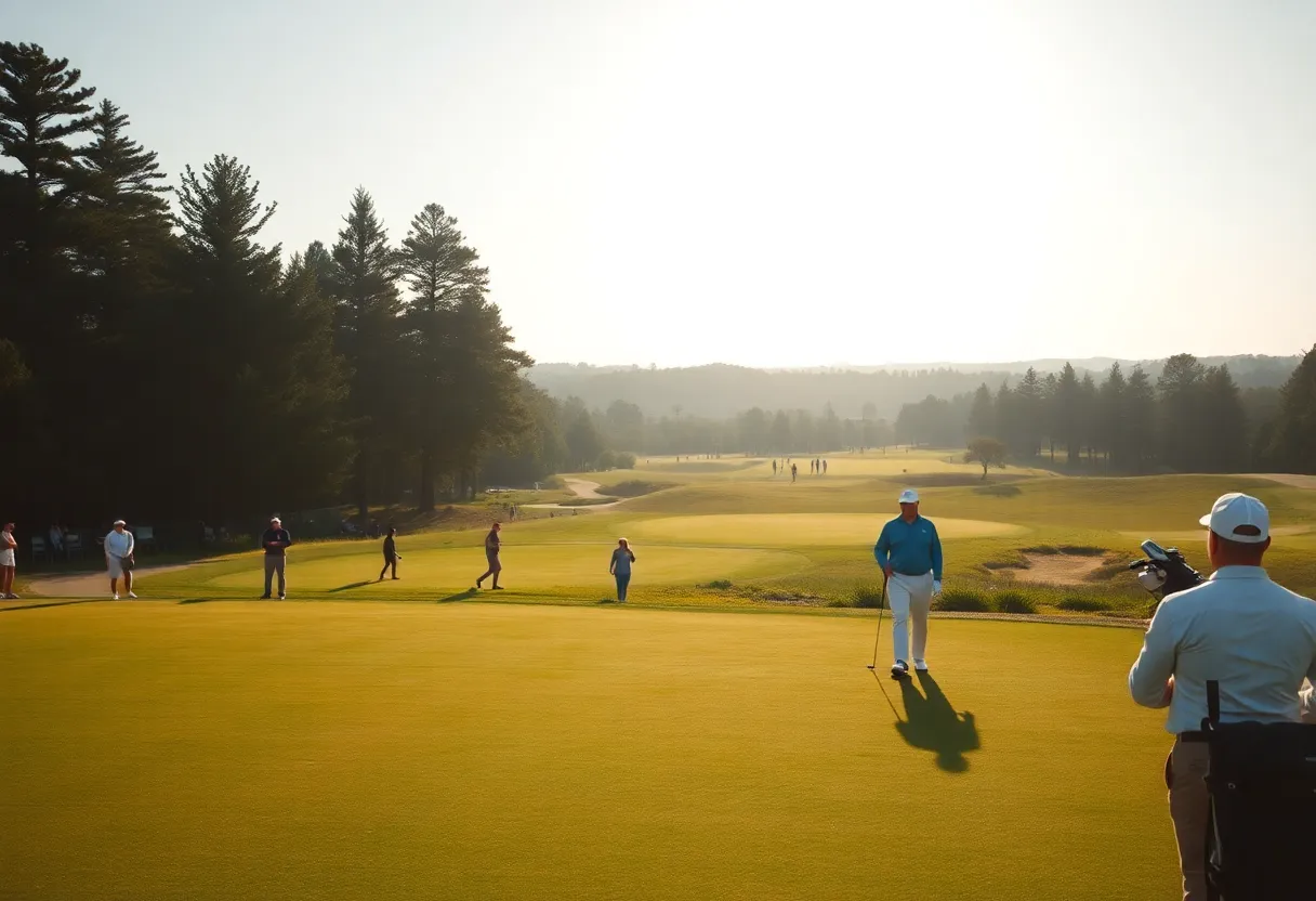 Golfers on a scenic golf course during a tournament