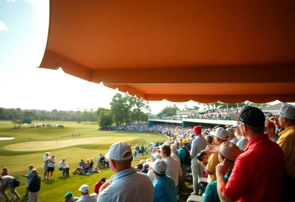 A golfer competing in a major tournament with spectators in the background.