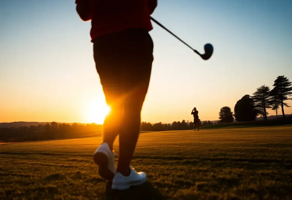 Golfer swings on the golf course at sunset