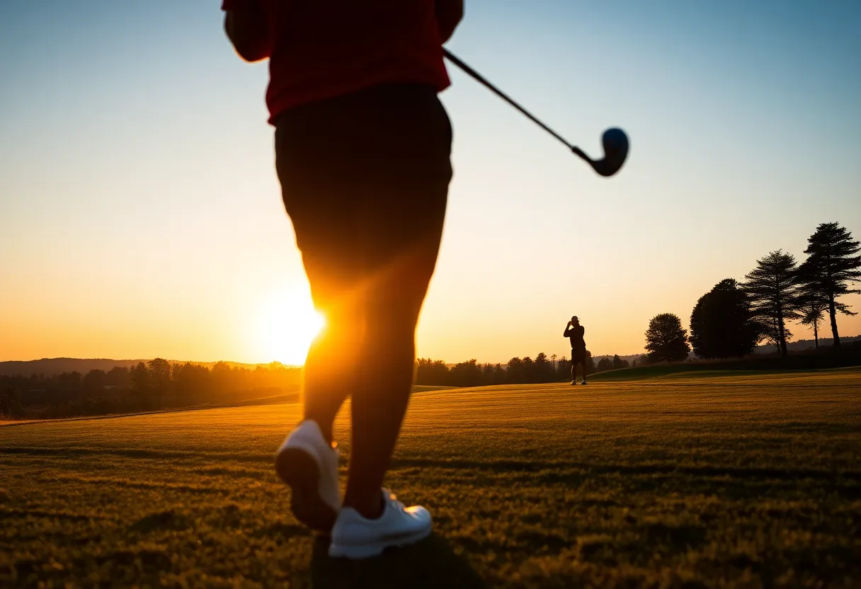 Golfer swings on the golf course at sunset