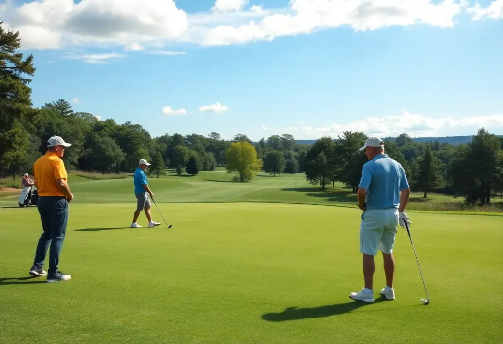 Amateur golfers discussing the stroke and distance rule on a golf course