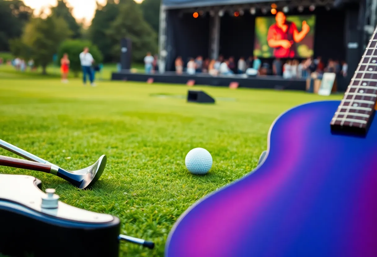Concert scene at a golf course with musical instruments and golf equipment