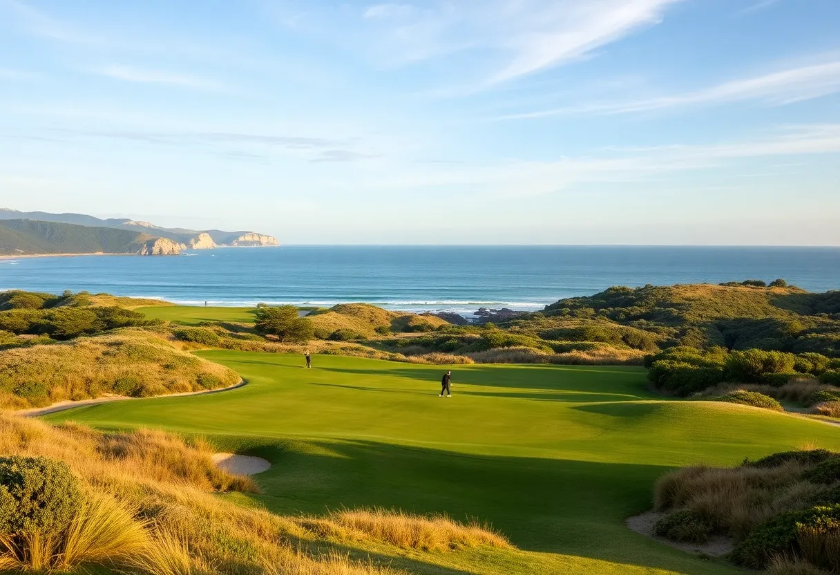 A panoramic view of the restored Great Dunes Golf Course showcasing lush greens and ocean views.