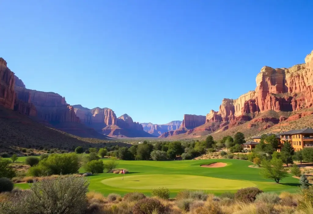 A beautiful golf course surrounded by red rock formations in Greater Zion, Utah.