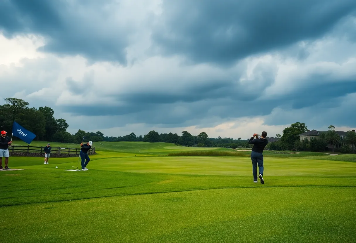 Golf playoff scene at the Toto Japan Classic with dark clouds and players competing.