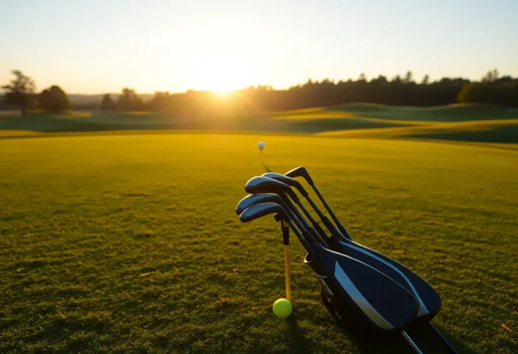Henrik Stenson preparing for a golf swing on a beautiful course