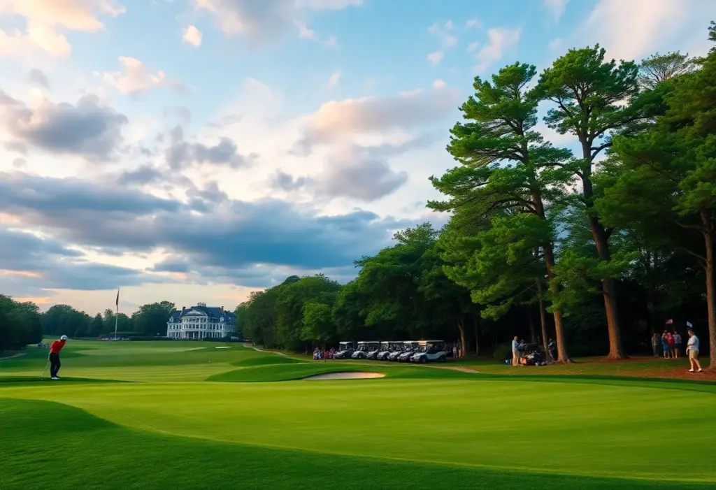 A golf course during a tournament with a beautiful landscape.