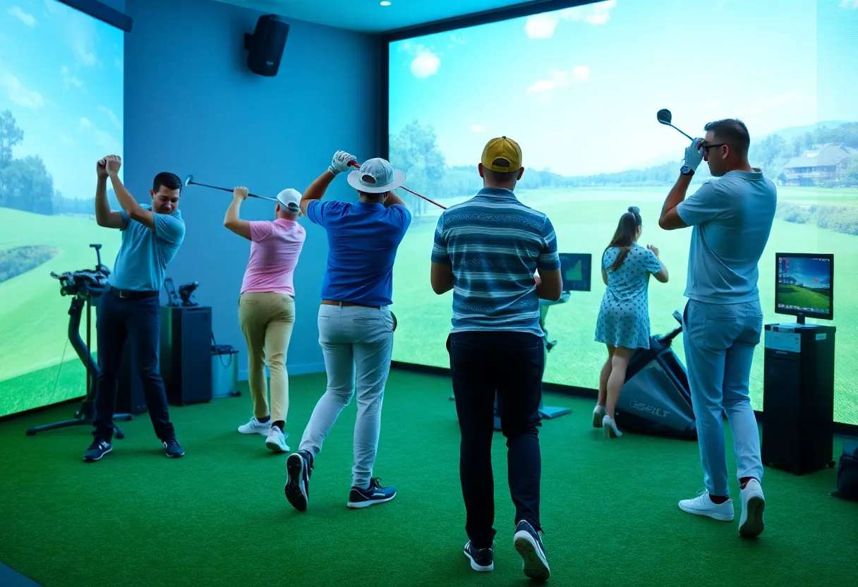 Diverse golfers using modern golf equipment in an indoor simulator