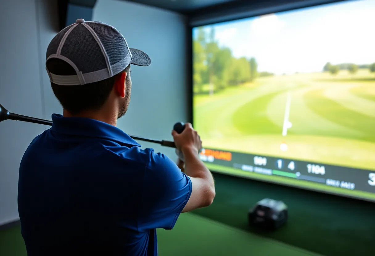Golfer using an indoor golf simulator