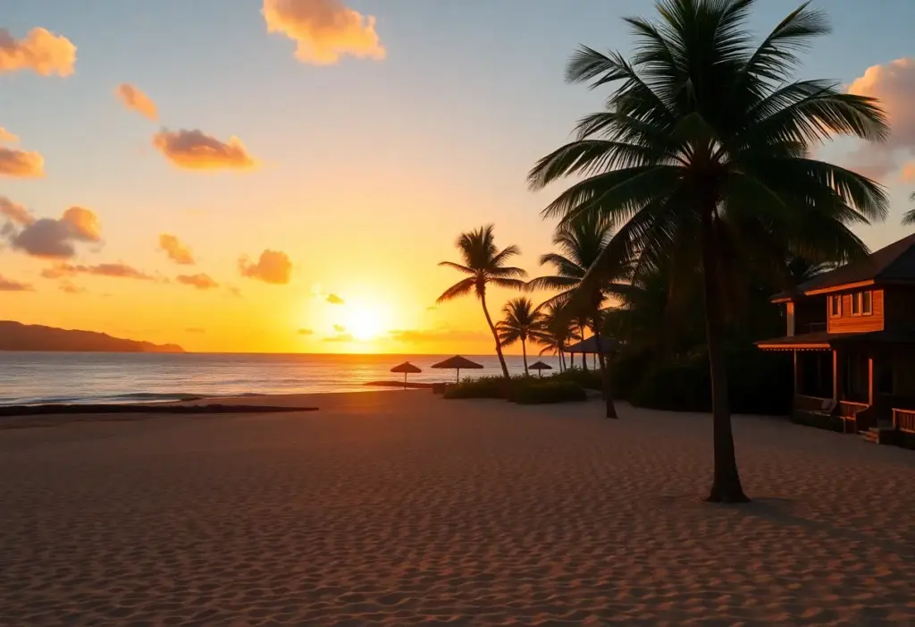 View of InterContinental Fiji Golf Resort with sunset over the ocean
