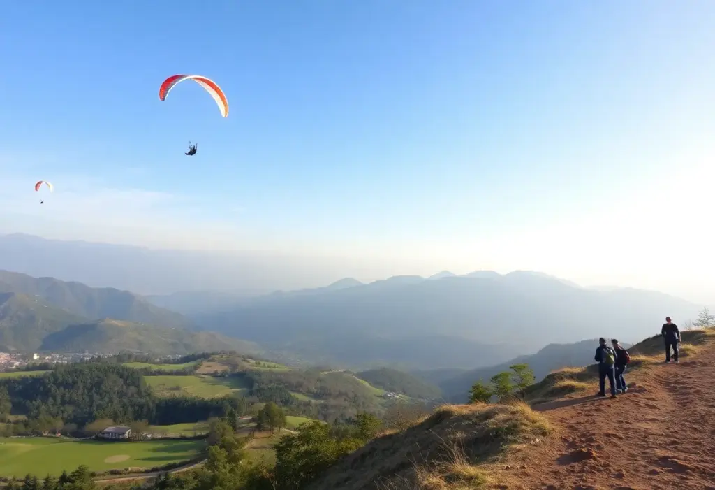 Scenic view of Jammu Tawi Golf Course with paragliders and hikers.
