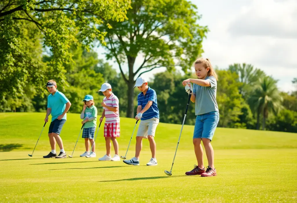 Young golfer practicing on a lush golf course.