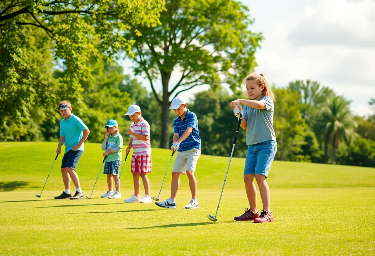 Young golfer practicing on a lush golf course.