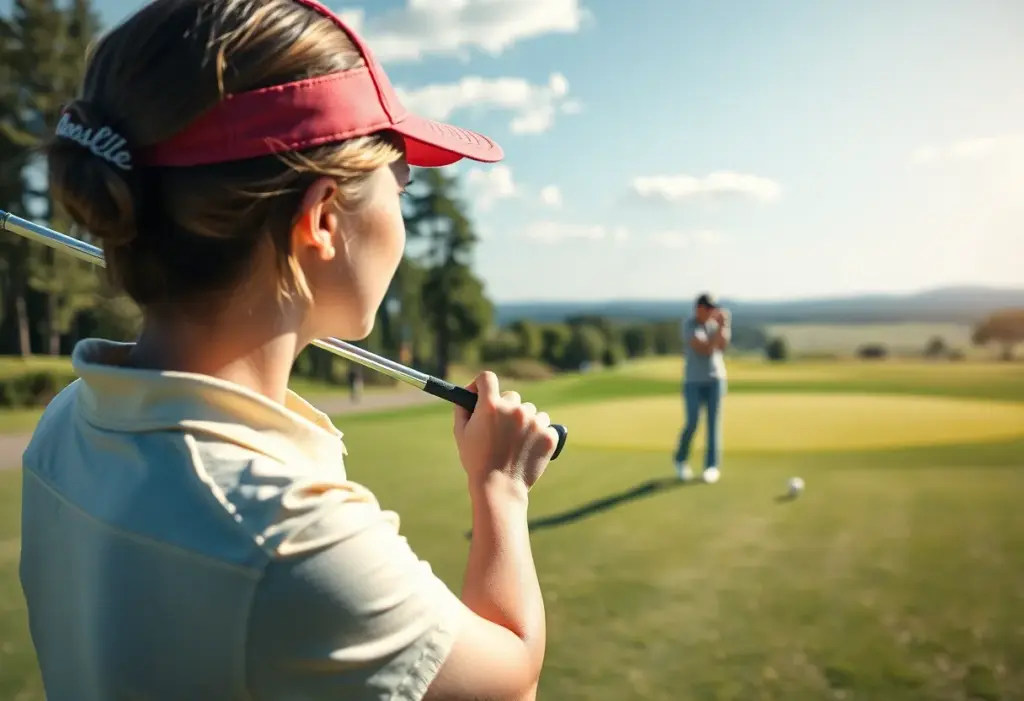 Young woman practicing golf swing on a sunny day