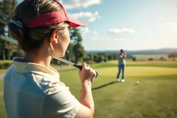 Young woman practicing golf swing on a sunny day
