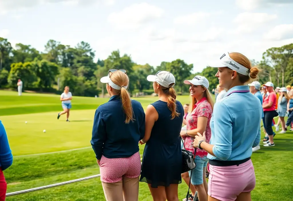 Young female golfer participating in a tournament surrounded by cheering fans.