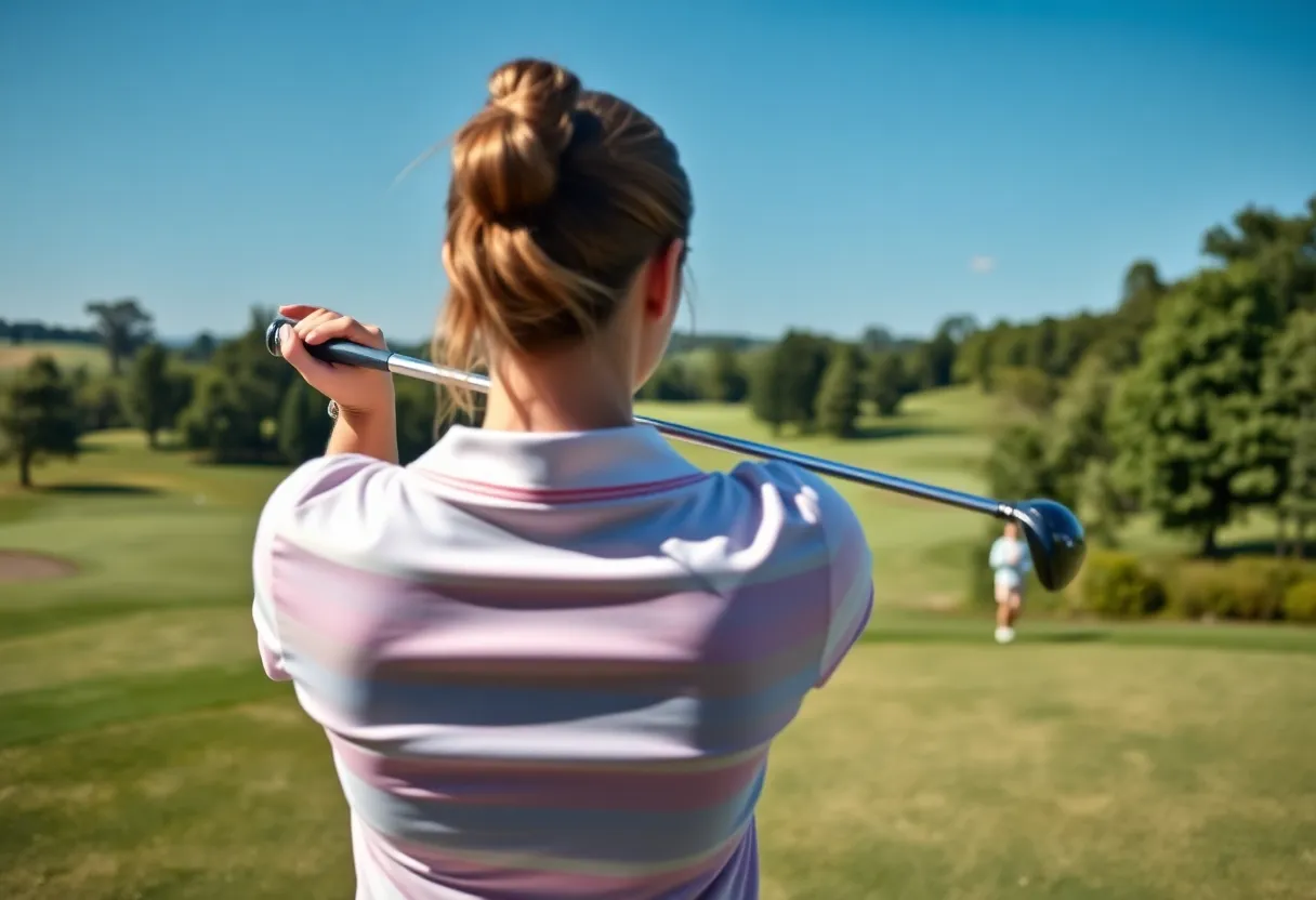 Young golfer practicing at a scenic golf course