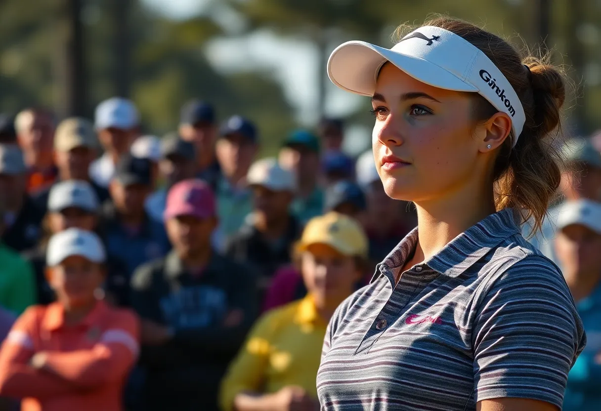 A young female golfer at her LPGA debut surrounded by a cheering crowd