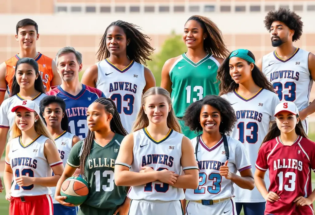 A group of diverse athletes representing different sports at Kansas and Kansas State universities in a celebratory atmosphere.
