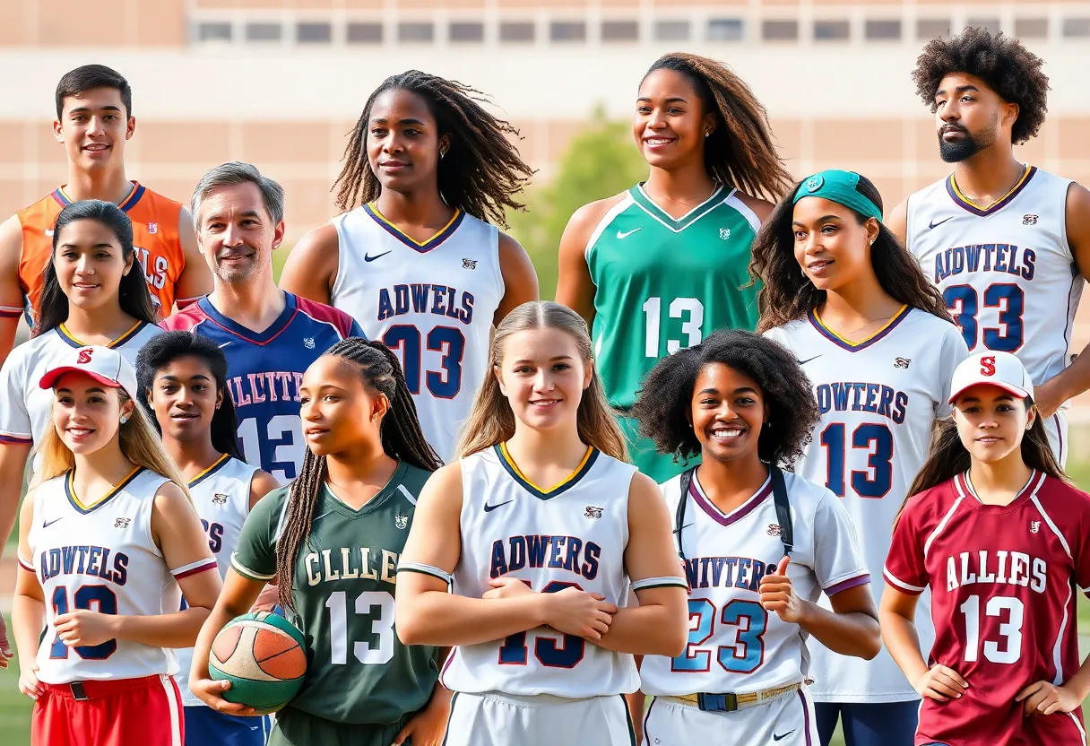 A group of diverse athletes representing different sports at Kansas and Kansas State universities in a celebratory atmosphere.