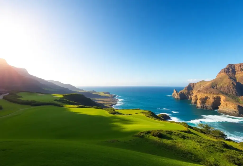 Wide view of a golf course in Kauai, showcasing the lush landscape and ocean backdrop.