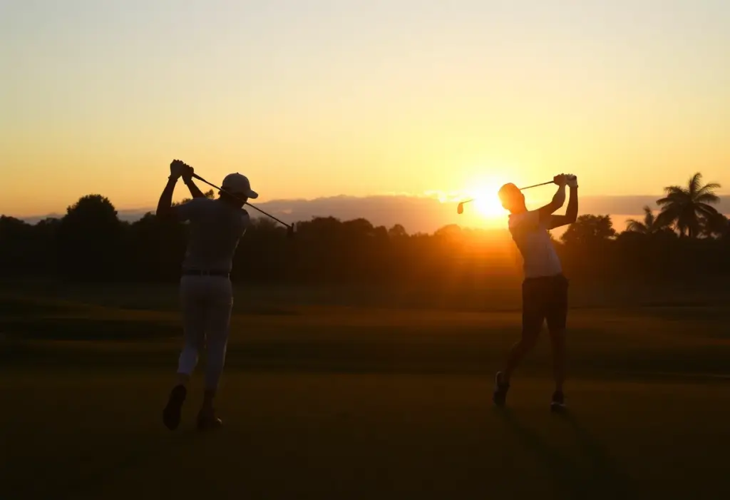 Silhouetted golfers practicing on a golf course at sunset