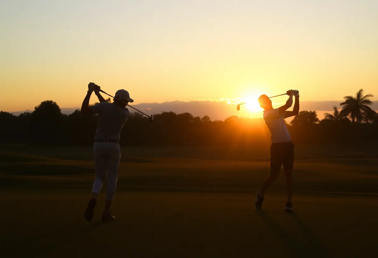 Silhouetted golfers practicing on a golf course at sunset