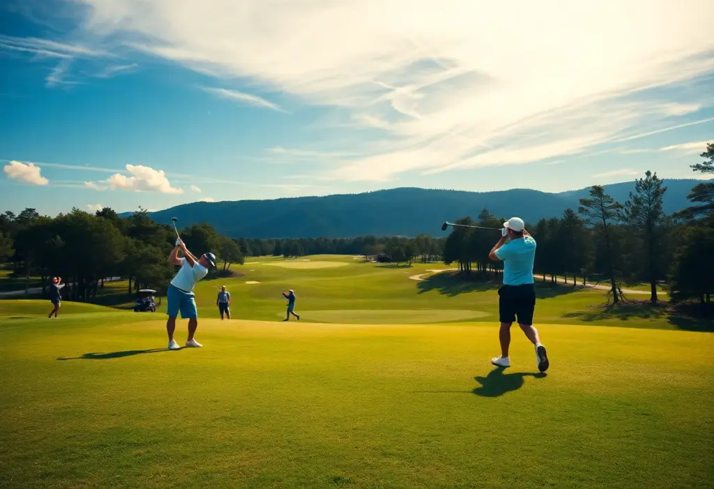 Scenic view of a vibrant golf course with players in action.