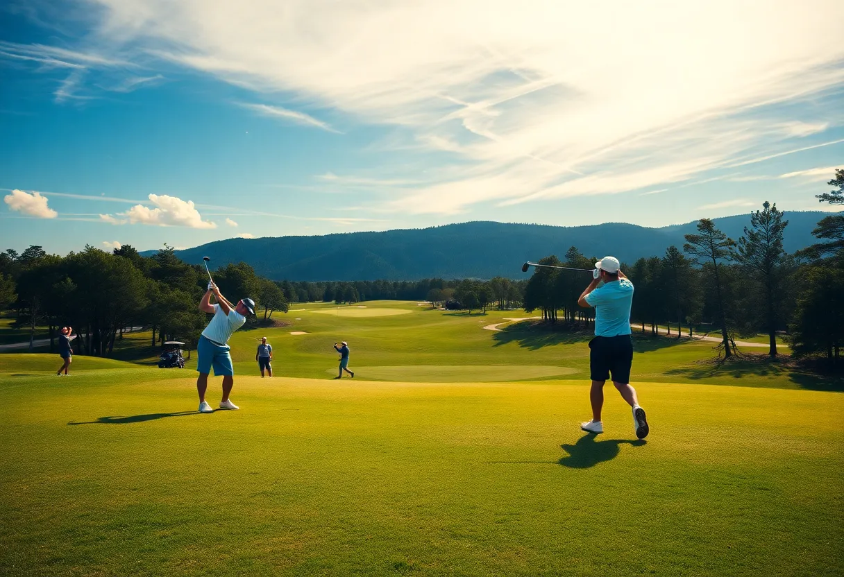 Scenic view of a vibrant golf course with players in action.