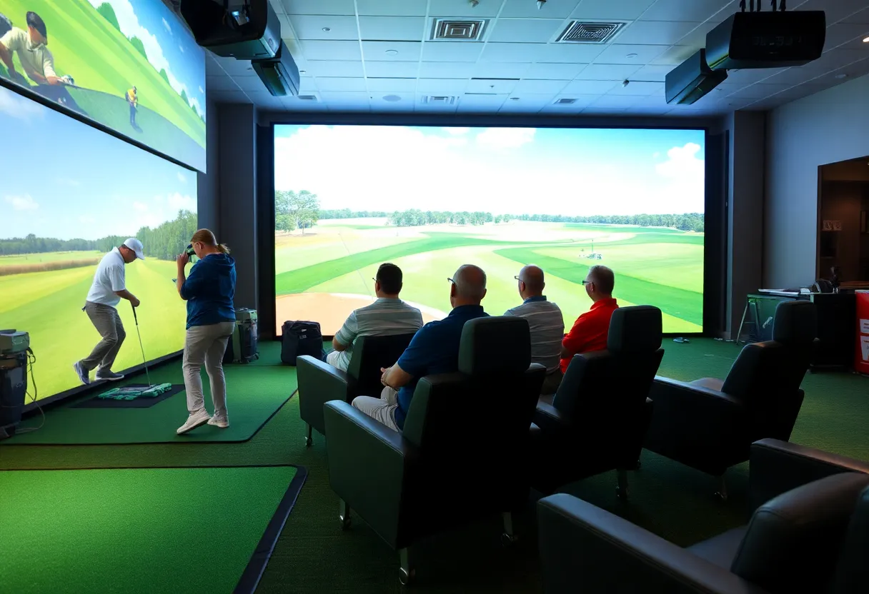 Indoor golf simulator setup with players and technology