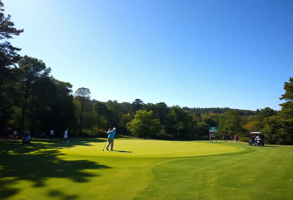 Golfers competing on a lush green golf course