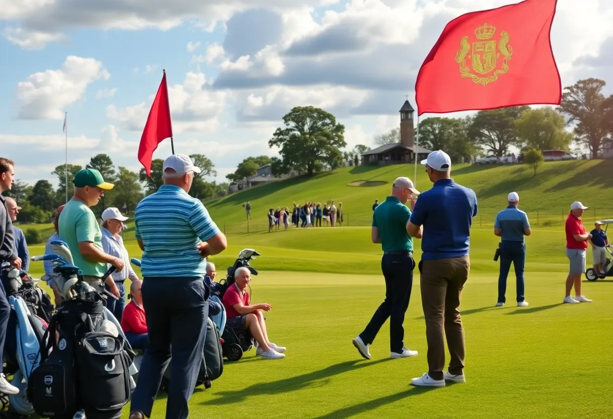 Golfers preparing for LIV Golf tournament on a picturesque course