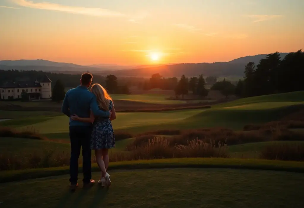 Couple enjoying a romantic moment on a golf course at sunset.