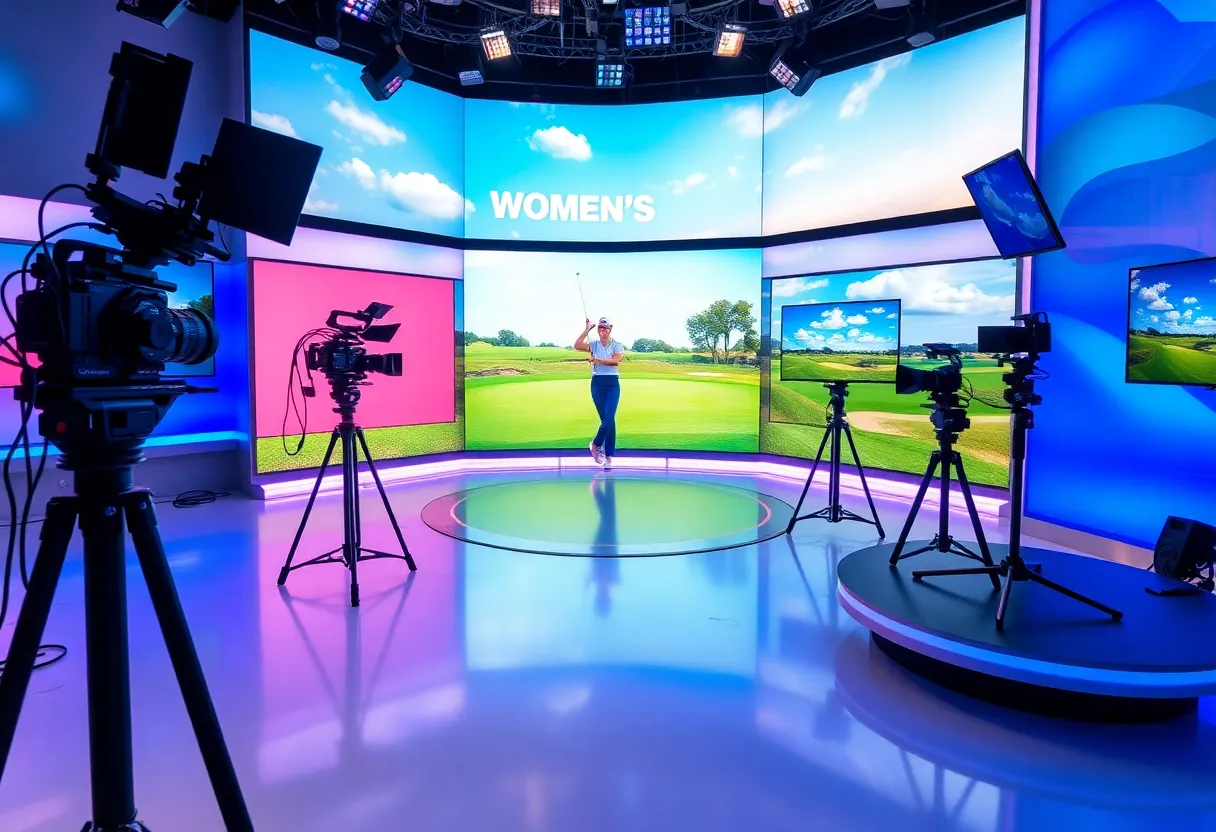 Broadcast studio for LPGA with golf equipment and technology.