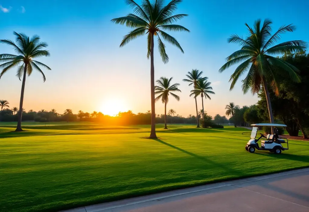 Scenic golf course with palm trees and sunset