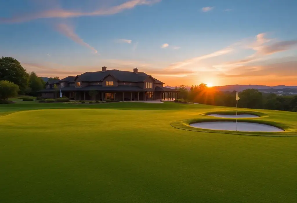 A scenic luxurious golf course at sunset