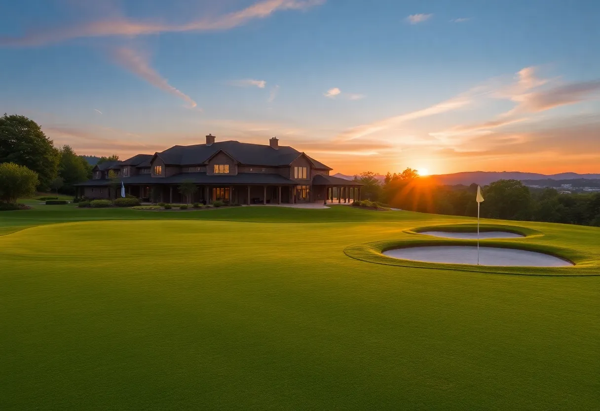 A scenic luxurious golf course at sunset