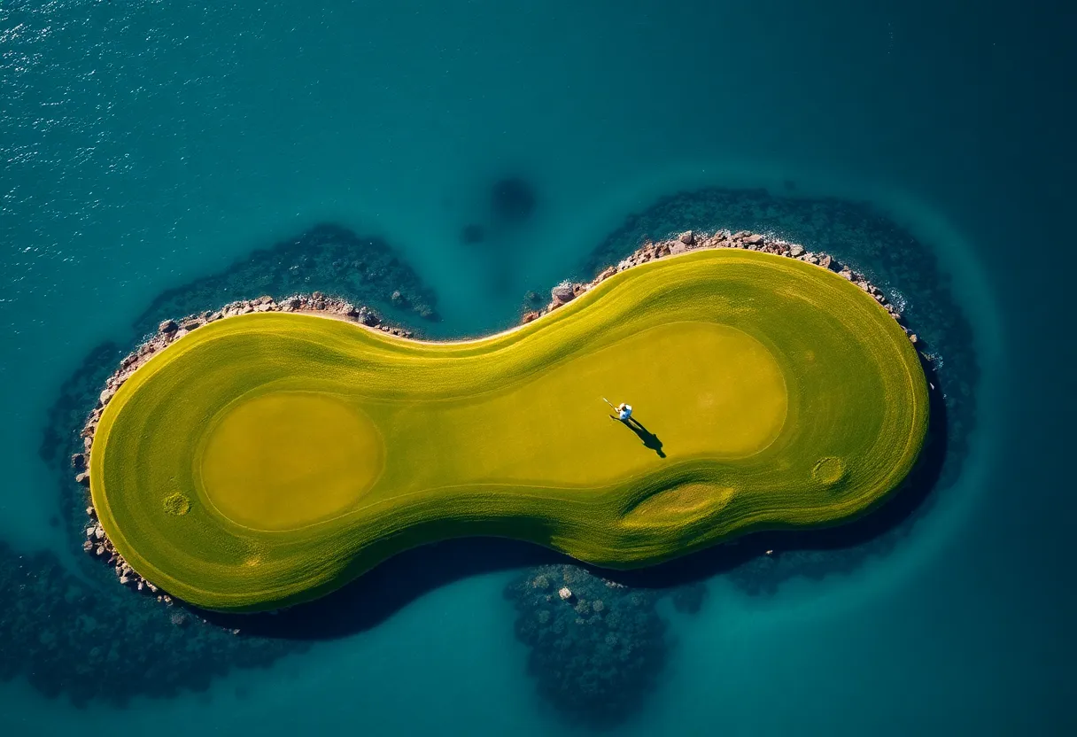 A stunning aerial view of a well-maintained golf course with a golfer playing.