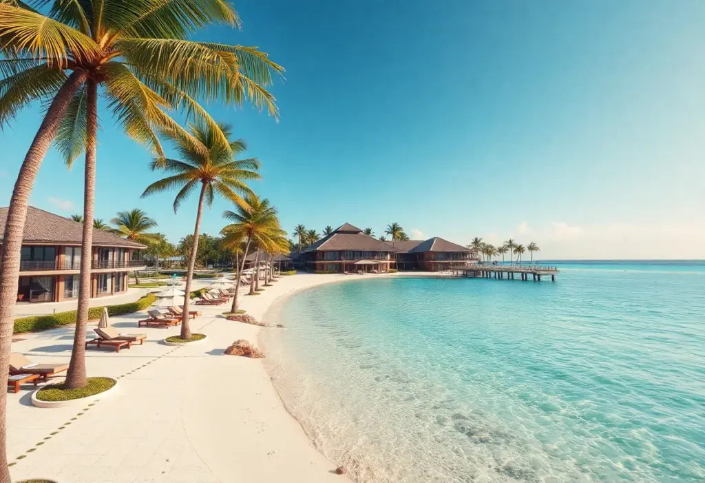 A scenic view of a luxury beach resort with palm trees and clear water
