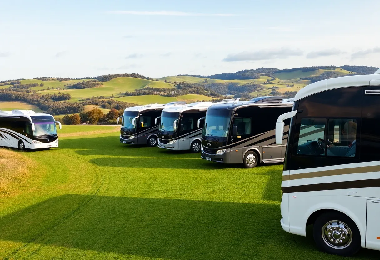 A row of luxury coaches prepared for golf tours in a beautiful landscape.