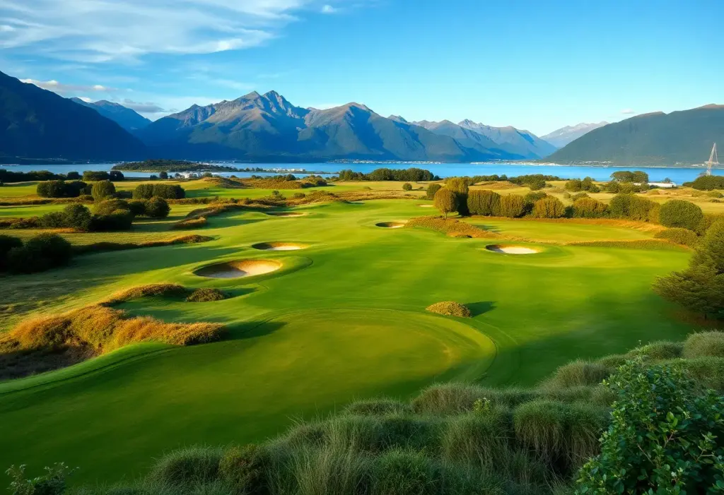 A stunning luxury golf course amidst New Zealand's breathtaking landscapes.