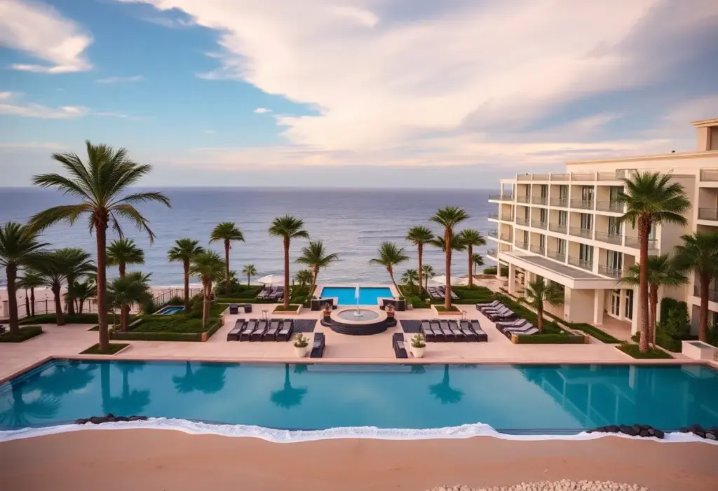 Luxurious coastal hotel in Los Cabos with palm trees and pools.