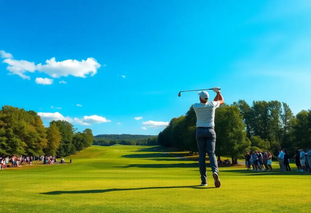 Golfer takes a swing on a beautiful golf course