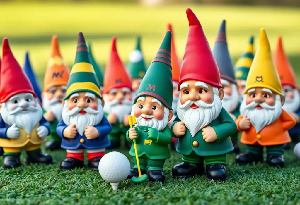 Colorful Masters gnomes displayed in a golf background