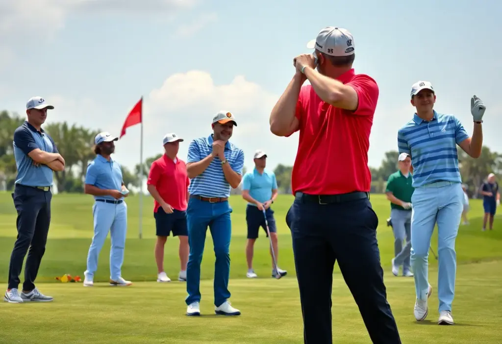 Diverse golfers competing at the Masters Tournament on a beautiful golf course.